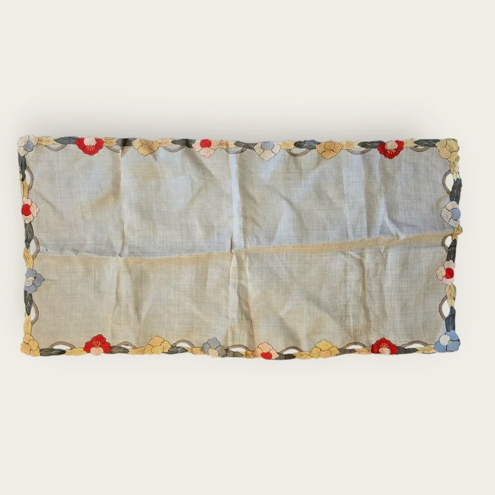 ANTIQUE Floral Linen Table Runner VTG Handmade Table 20th 34x17‎ Cream Applique
